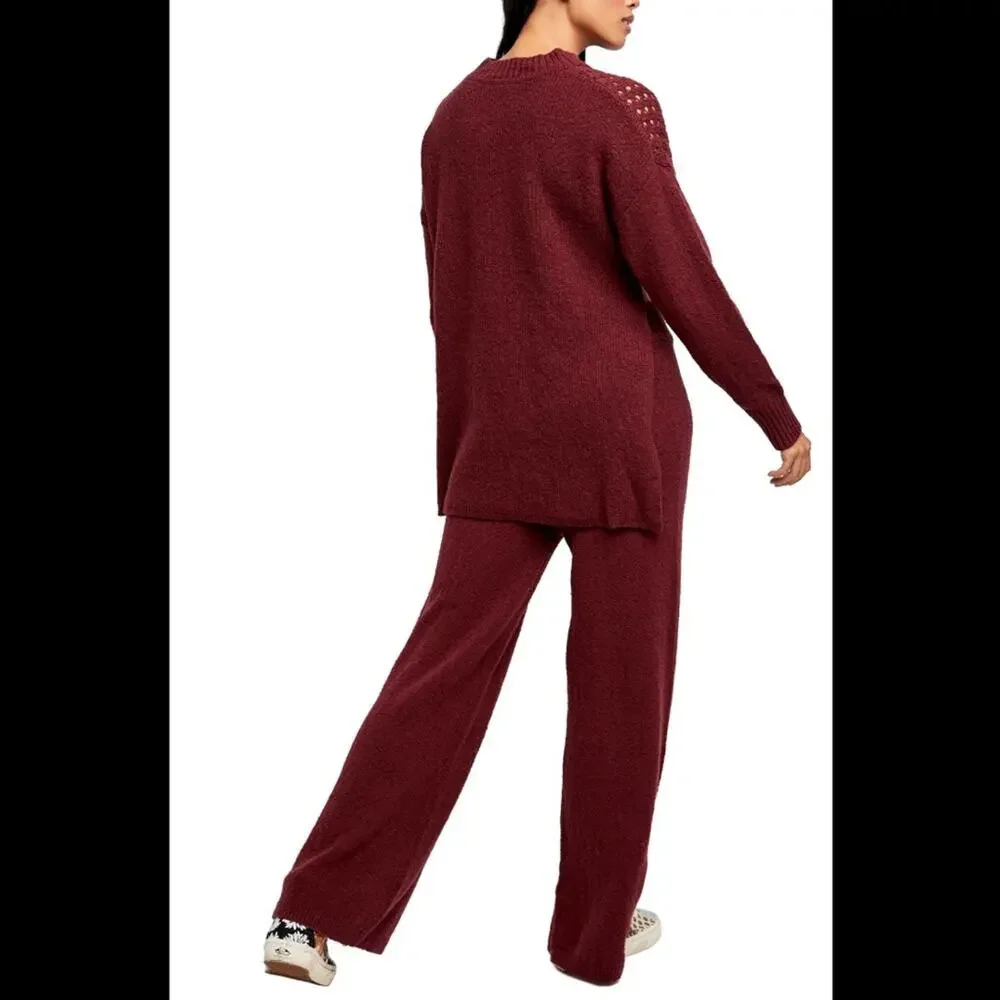 FREE PEOPLE Womens Harper Two Piece Wide Leg Crop Sweater Set in Very Berry XS